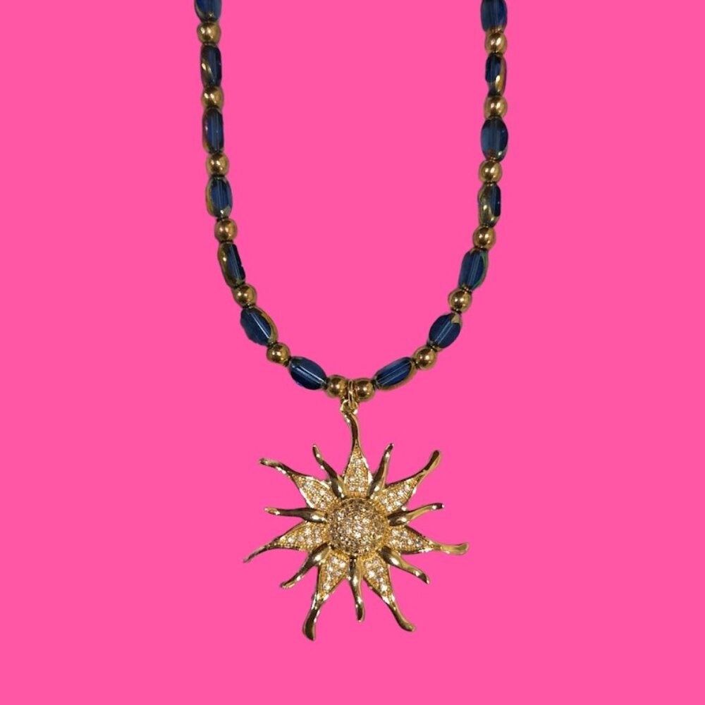 Sunlight gold and Blue beaded Necklace ~ 20 inch